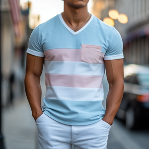 Personalisiertes, lässiges Herren-T-Shirt mit V-Ausschnitt und hellen Wildledernähten, kurzärmelig