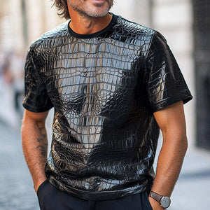 Schwarzes, kurzärmliges T-Shirt aus PU-Leder mit Krokodilstruktur für Herren