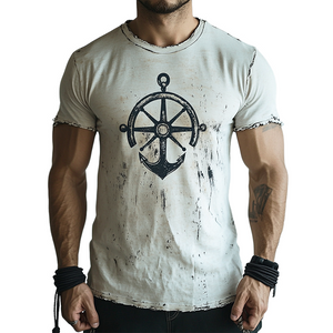 Men's Retro Nautical Anchor Print Casual Ripped Round Neck Short Sleeve T-Shirt