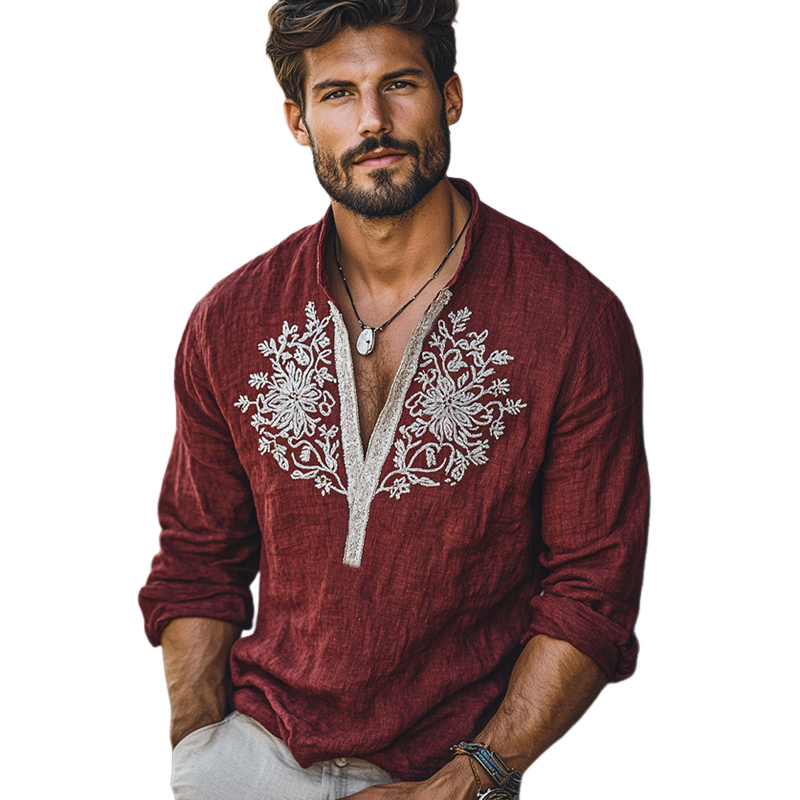 Men's Vintage Dark Red Deep V-Neck Embroidered Long Sleeve T-Shirt