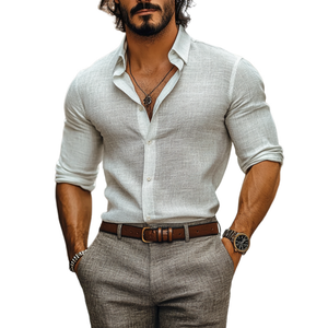 Herren-Langarmhemd mit Revers, einreihig, Slim Fit, Baumwolle und Leinen