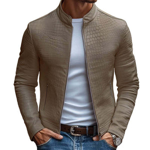 Men's Fashion Stone Pattern Stand Collar Zipper Slim Fit Leather Jacket