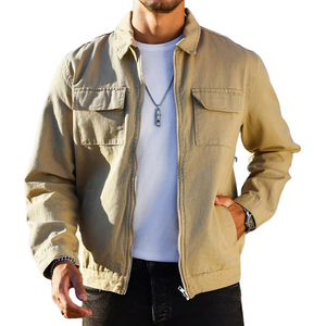 Men's Vintage Khaki Solid Zip-Up Jacket