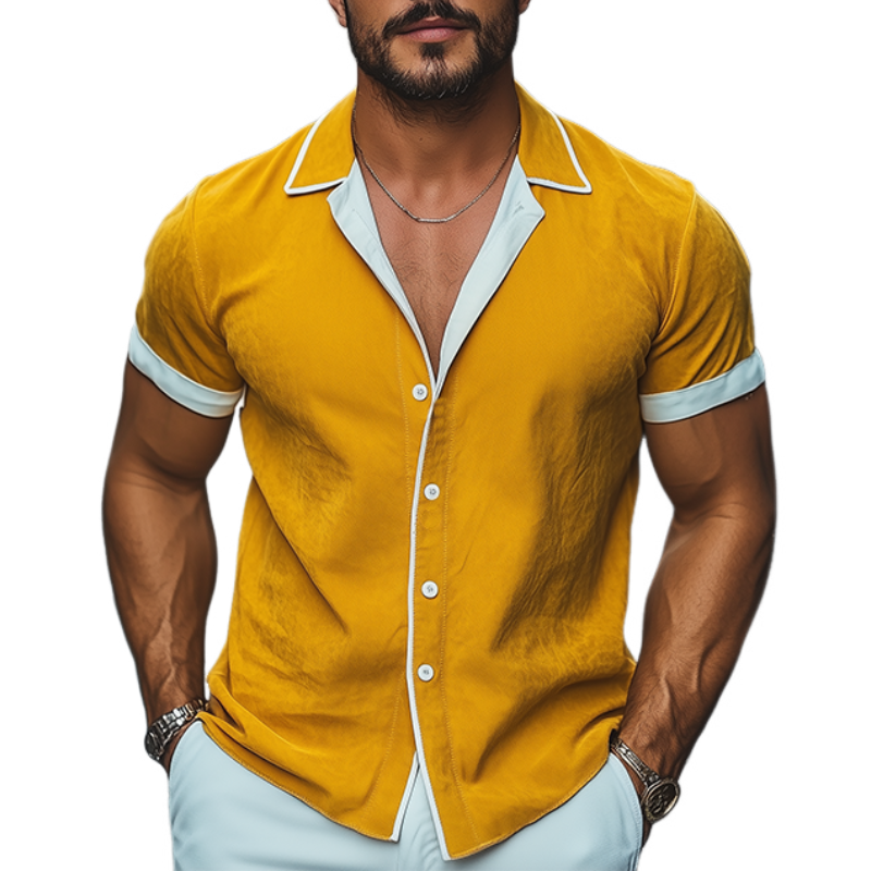 Herren Frühlings- und Sommermode Slim Kontrastfarbe Revers Tencel Baumwolle Kurzarmhemd