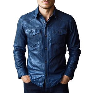 Men's Stylish Dark Blue Lapel Long Sleeve Leather Shirt