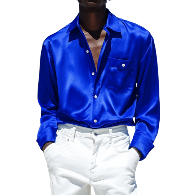 Herren Vintage Satin Revers Patch Pocket Lose Langarmhemd