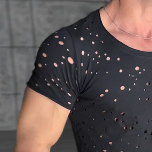 Herren Retro Casual Baumwolle Unregelmäßiges Loch Rundhals Kurzarmhemd