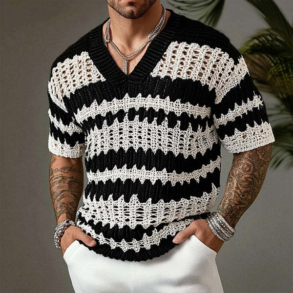 Herren-Strick-T-Shirt mit V-Ausschnitt und kurzen Ärmeln in Kontrastfarbe