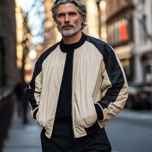 Men's Retro Black Camel Colorblock Zipper Baseball Jacket