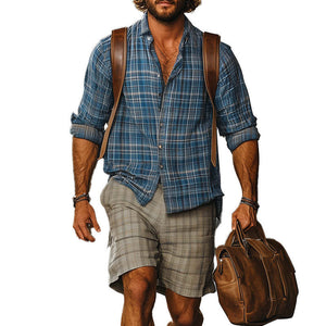 Herren Western Retro Plaid Print Langarmhemd Shorts Set