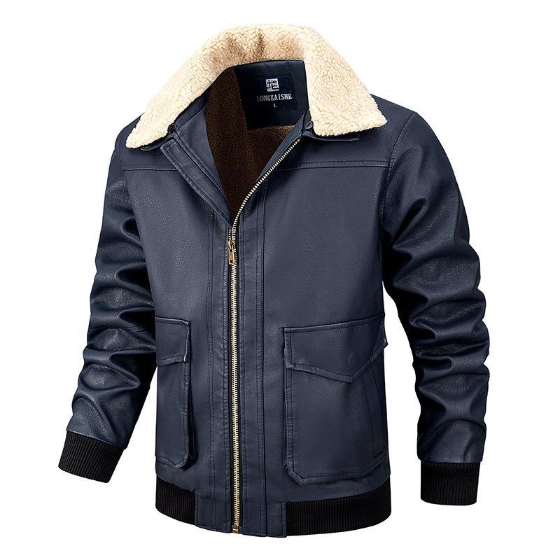 Men's Casual Plush Lapel Leather Jacket