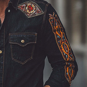 Men's Vintage Embroidered Lapel Long Sleeve Denim Shirt