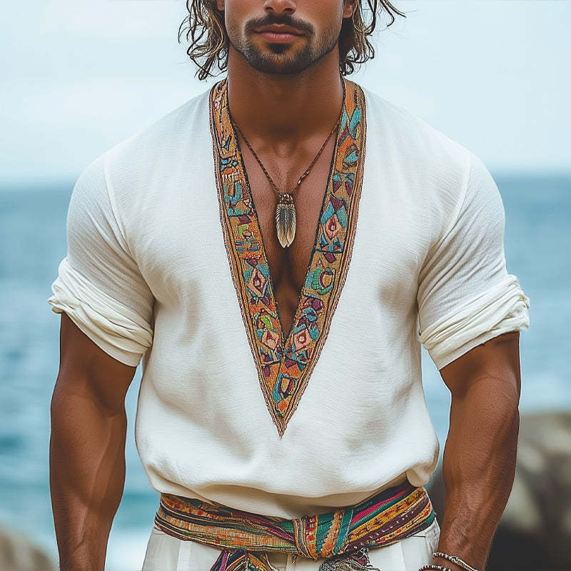 Men's Summer V-neck Retro Embroidery Casual Long Sleeve T-shirt