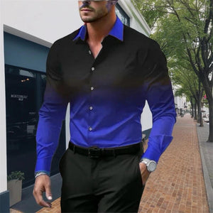 Men's Gradient Lapel Button Loose Long Sleeve Shirt