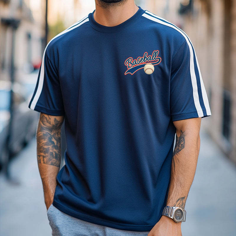 Men's Retro Casual Striped Baseball Print Round Neck Short Sleeve T-Shirt