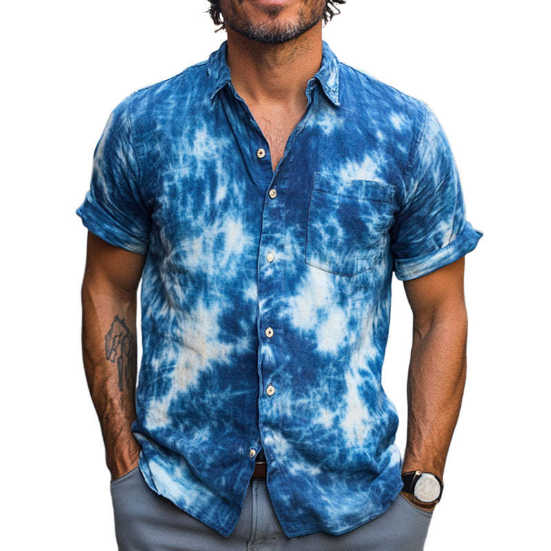 Herren Sommer Blau Tie-Dye Baumwolle Casual Kurzarmhemd