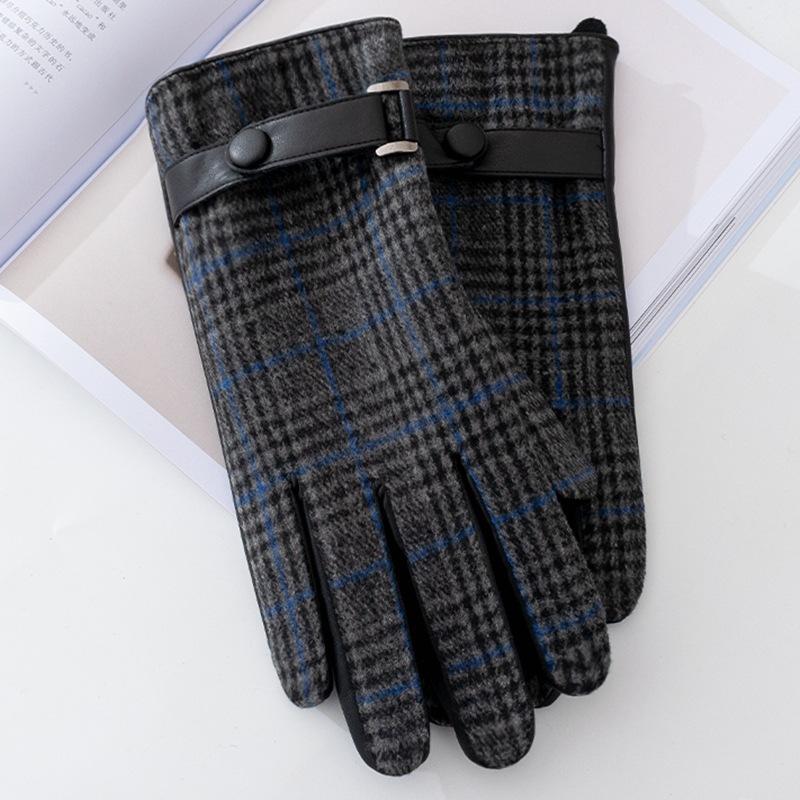 Men's Plaid Plush Warm Touch Screen PU Leather Gloves
