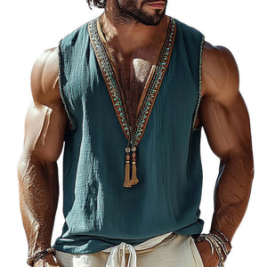 Herren Sommer Tank Top mit V-Ausschnitt und Vintage-Stickerei