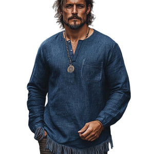 Herren Vintage Marineblaues, kleines V-Ausschnitt-T-Shirt aus Baumwolle und Leinen mit Quaste