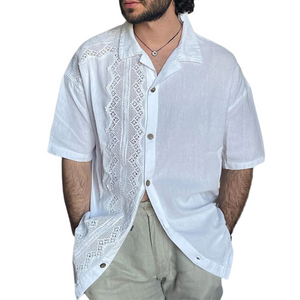 Einfarbiges Langarmhemd mit gespleißtem Revers und Spitze für Herren 