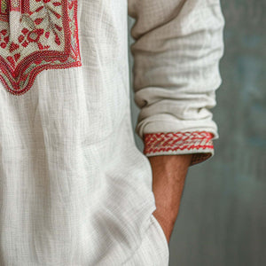 Men's Casual Embroidered Long Sleeve Open Collar Shirt