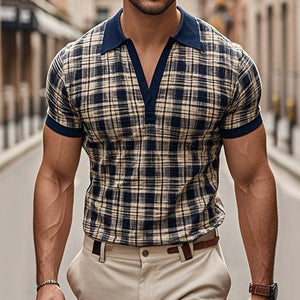 Men's Retro Check Print Colorblock Short-Sleeved Polo Shirt