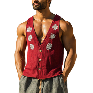 Men's Casual V-Neck Linen Single-Breasted Daisy Embroidered Slim Vest