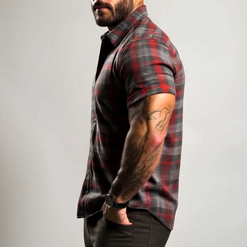 Men's Retro Casual Plaid Print Lapel Short Sleeve Shirt