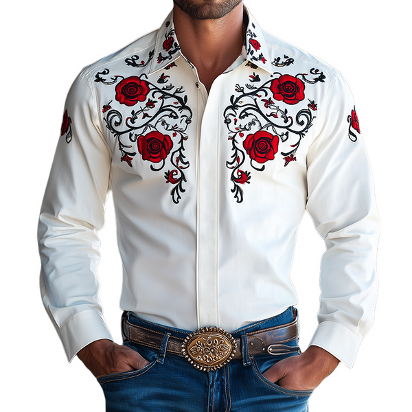 Herren-Langarmhemd mit besticktem Revers im Vintage-Stil