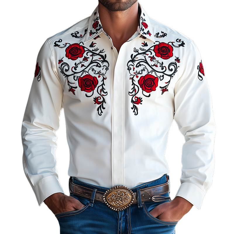 Herren-Langarmhemd mit besticktem Revers im Vintage-Stil