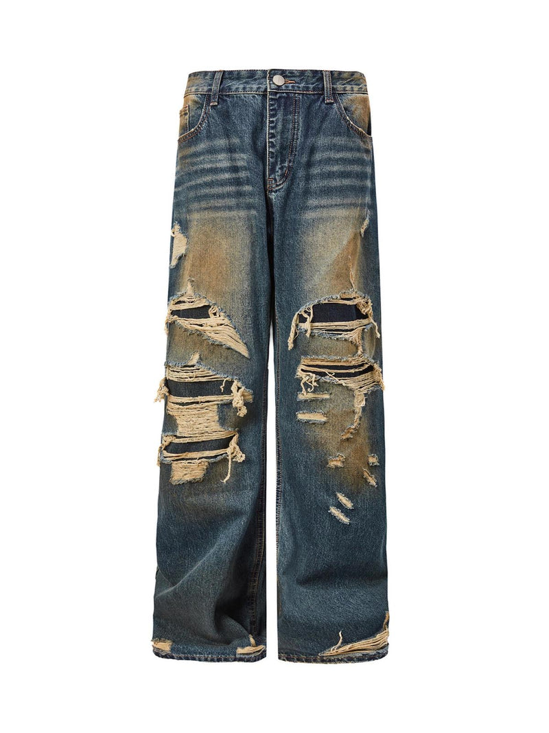 Washed Ripped Straight Jeans