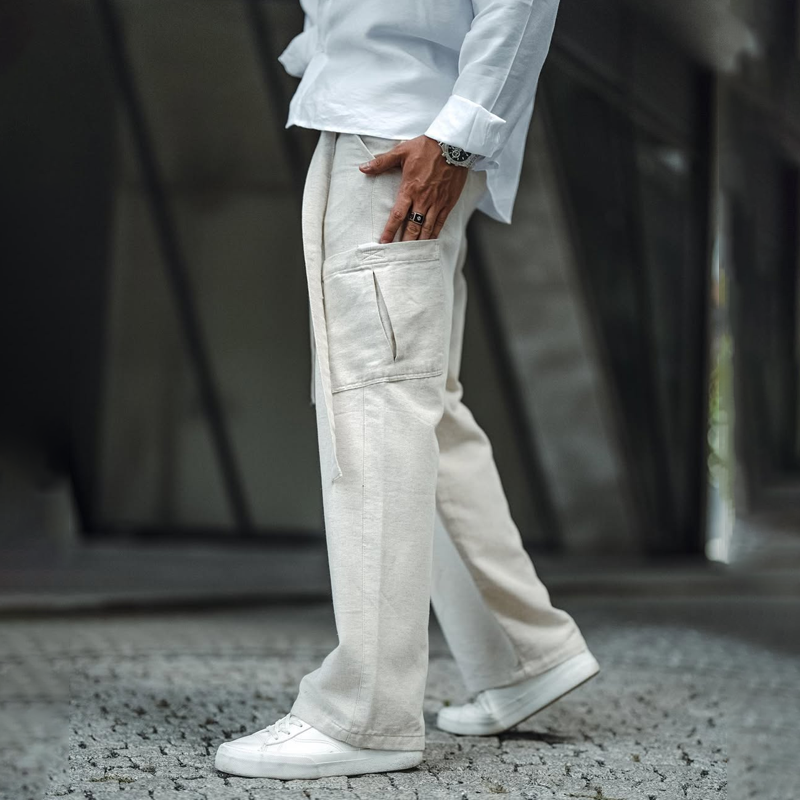 Herrenhose aus Baumwolle und Leinen mit mittlerer Taille und gerader Passform
