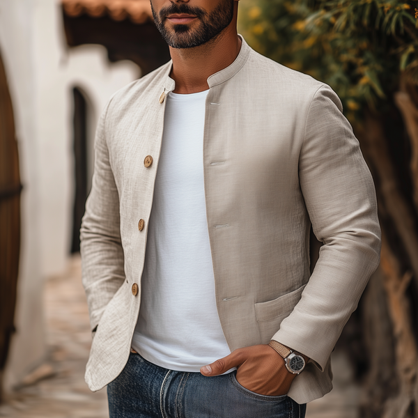Klassische Frühlings-Retro-Casual-Stehkragenjacke aus Baumwolle und Leinen für Herren