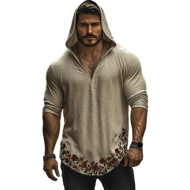Men's Retro Casual Embroidered Hooded Long Sleeve T-Shirt