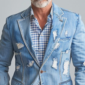 Men's Fashion Retro Casual Washed Denim Ripped Single Breasted Blazer