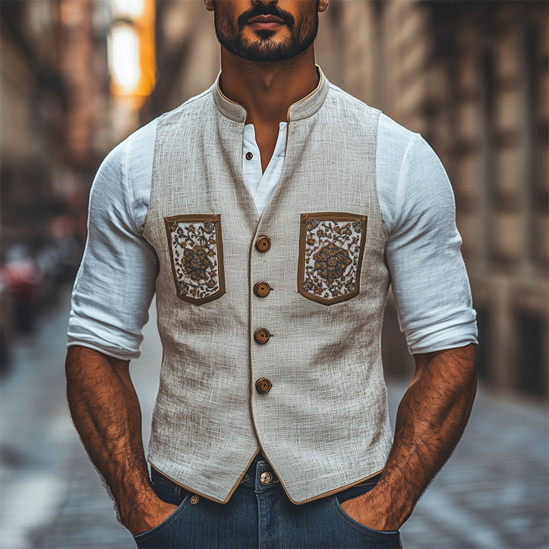 Herren Frühlingsmode Retro Stehkragen Bestickte Ramie Schlanke Weste