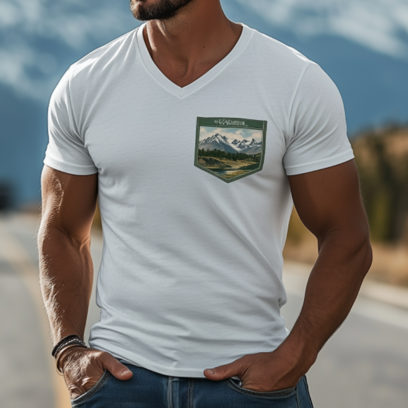 Lässiges Herren-T-Shirt aus Baumwolle mit V-Ausschnitt und Tasche der Yellowstone-Serie, kurzärmelig