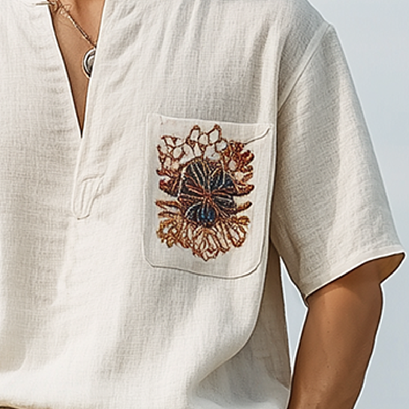 Men's Spring And Summer Casual V-neck Cotton And Linen Embroidered Short-sleeved T-shirt