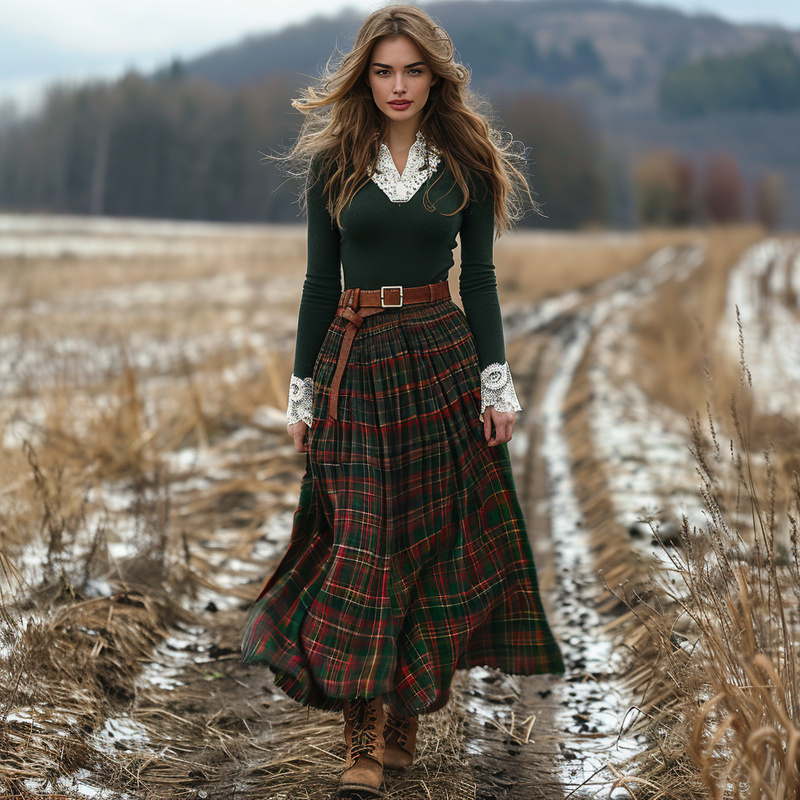 Women's Retro Plaid V-neck Long-sleeved Long Skirt Pastoral Style Dress