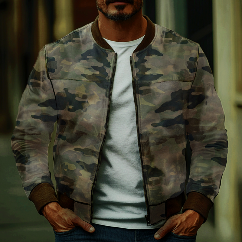 Men's Casual Camouflage Baseball Leather Jacket