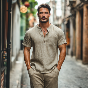 Men's Casual Linen Henley Collar Patch Pocket Loose Short Sleeve Shirt