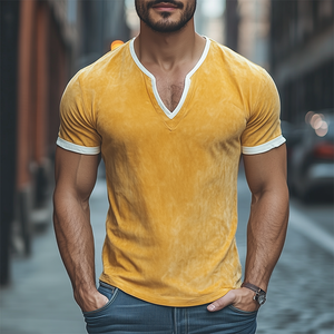 Men's Spring And Summer Fashion Slim Contrast Color Thin Suede Short Sleeve T-shirt