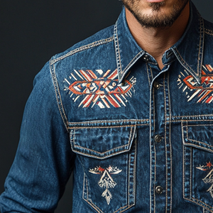 Herren Retro Casual Ethno-Stil Bedrucktes Denim-Revers-Langarmhemd