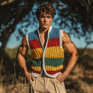Men's Casual V-neck Colorful Striped Single-breasted Knitted Vacation Vest
