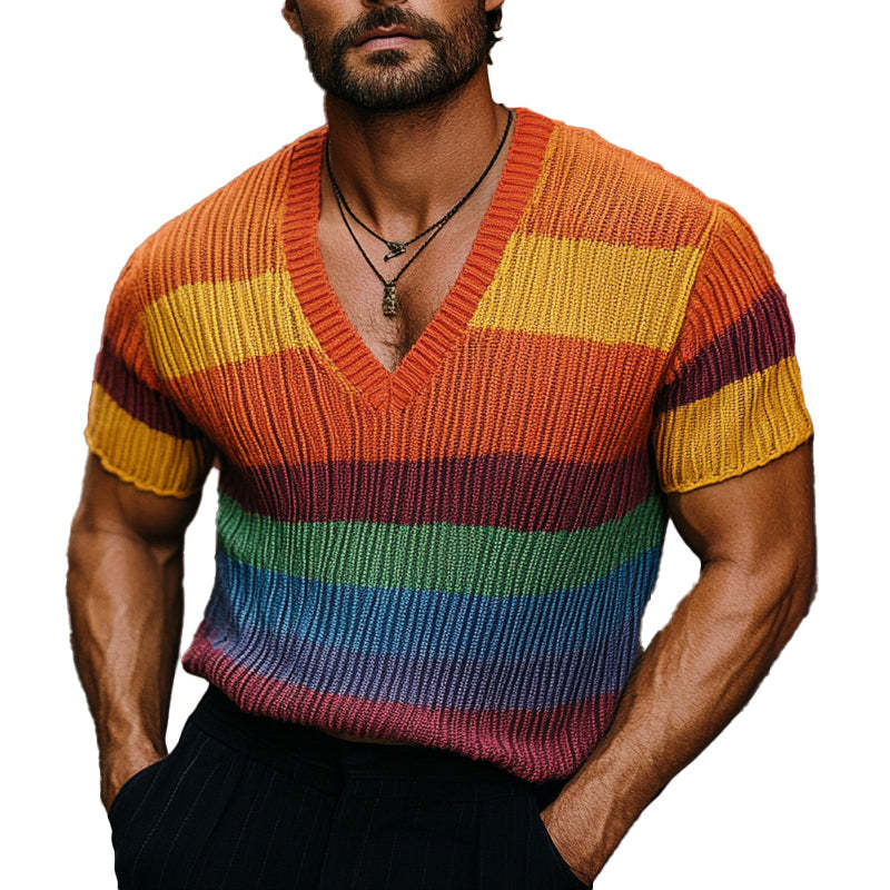 Men's Rainbow Knit V-Neck Short Sleeve Sweater T-Shirt