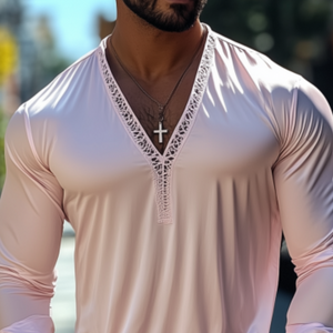 Men's Fashion Casual Sexy Lace And Satin Splicing Deep V Neck Long Sleeve T-Shirt