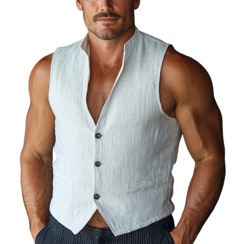 Men's Pure White Stand Collar Cotton And Linen Three-button Vest