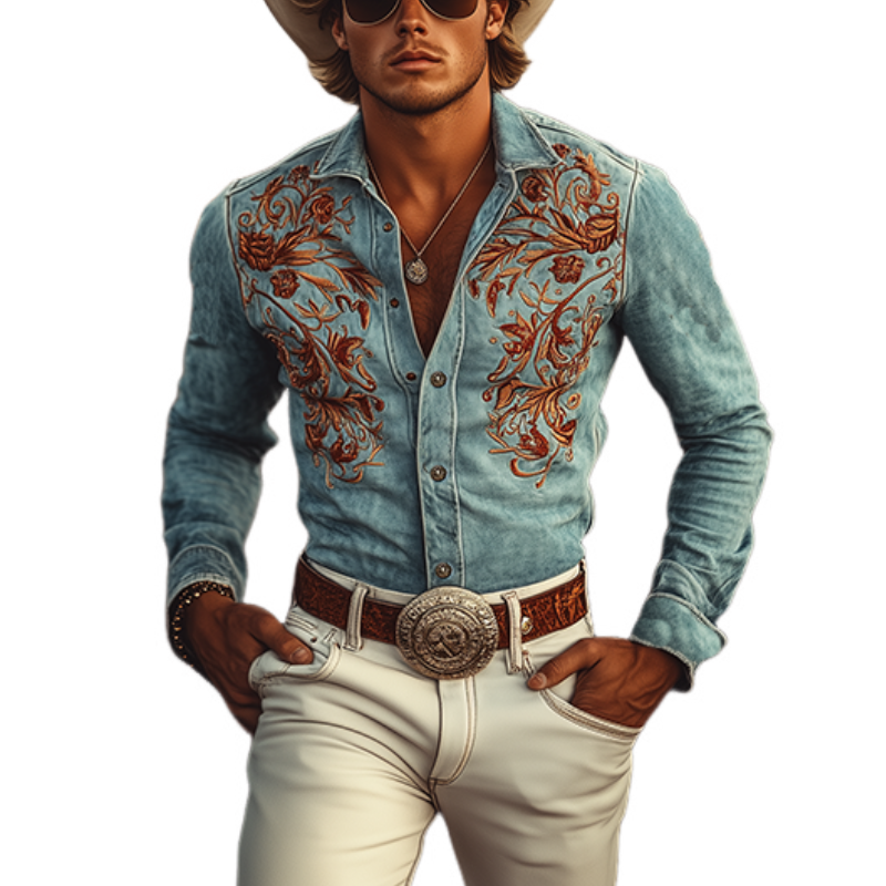 Klassisches amerikanisches Retro-Western-Langarmhemd aus Wildleder mit Stickerei für Herren