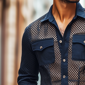 Herren Retro Casual Solid Color Mesh Stoff Splicing Revers Langarmhemd