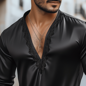 Men's Casual Sexy Lace And Satin Stitching Deep V Neck Long Sleeve Shirt